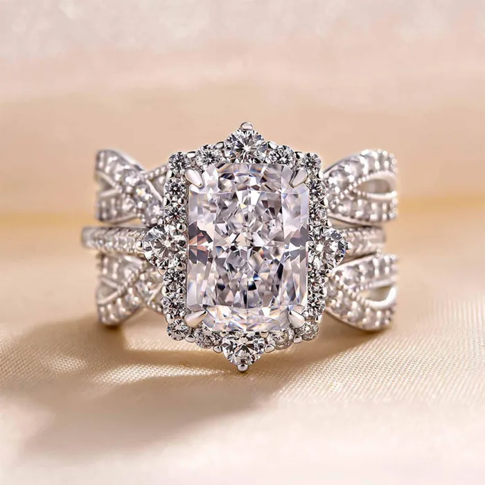 3 CT Halo Radiant Cut Bridal Set Ring Enhancer in Sterling Silver shine of diamond Rings