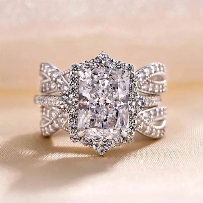 3 CT Halo Radiant Cut Bridal Set Ring Enhancer in Sterling Silver shine of diamond Rings