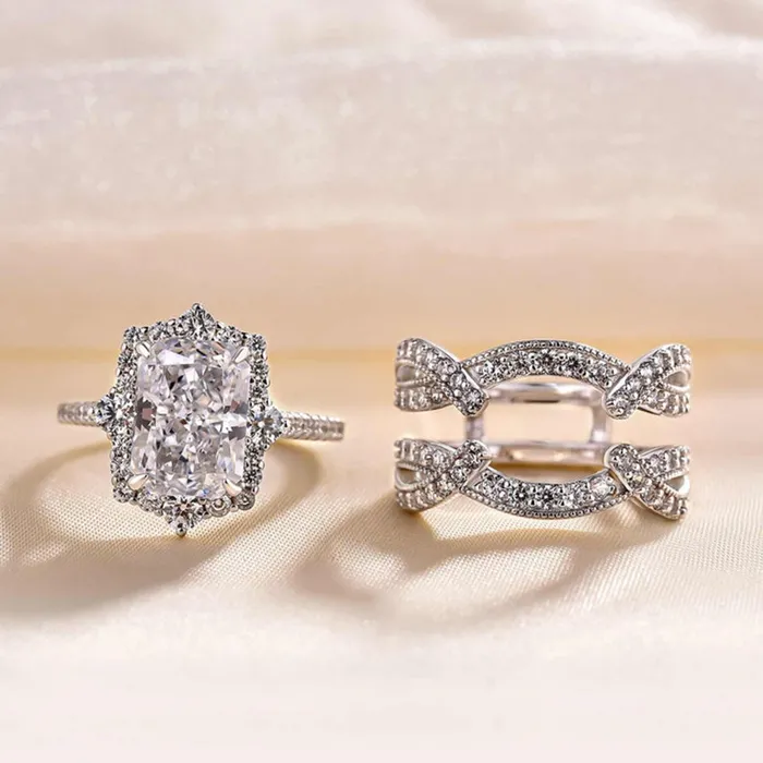 3 CT Halo Radiant Cut Bridal Set Ring Enhancer in Sterling Silver shine of diamond Rings