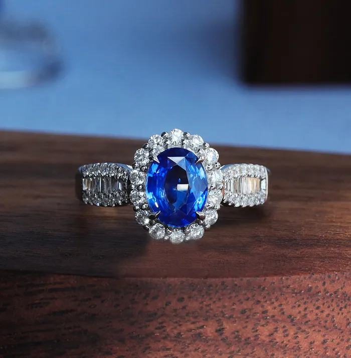 Halo Oval Cut Blue Sapphire Engagement Ring in Sterling Silver Shineofdiamond Rings