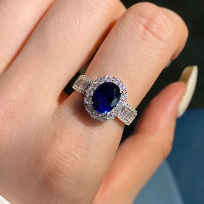 Halo Oval Cut Blue Sapphire Engagement Ring in Sterling Silver Shineofdiamond Rings Halo Oval Cut Blue Sapphire Engagement Ring in Sterling Silver Shineofdiamond Rings