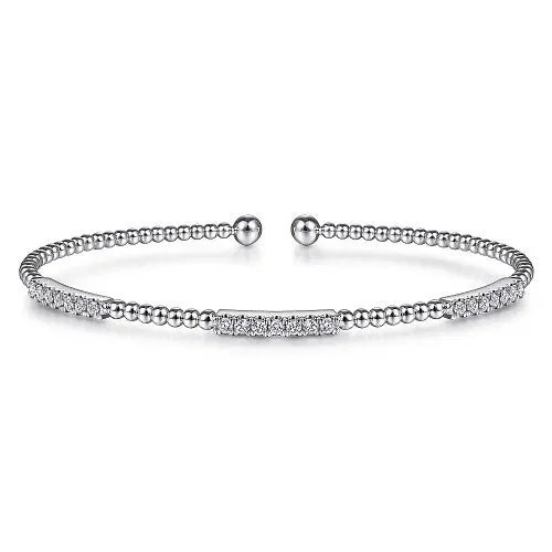 14K White Gold Bujukan Bead Cuff Bracelet with Diamond Pave Stations GABRIEL CO Bracelets 14K White Gold Bujukan Bead Cuff Bracelet with Diamond Pave Stations GABRIEL CO Bracelets