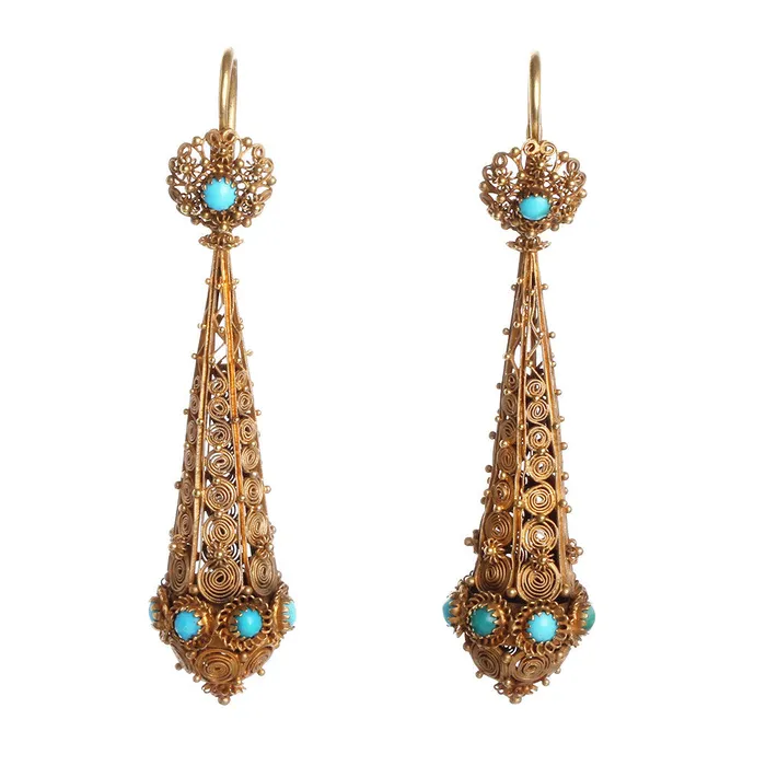 Bell Bird Antiques Georgian Cannetille Gold Turquoise Torpedo Earrings Earrings