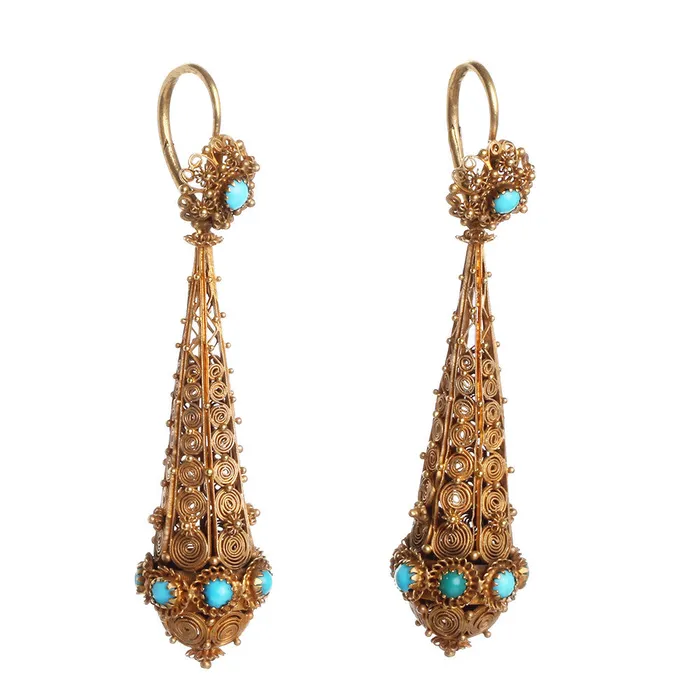 Bell Bird Antiques Georgian Cannetille Gold Turquoise Torpedo Earrings Earrings