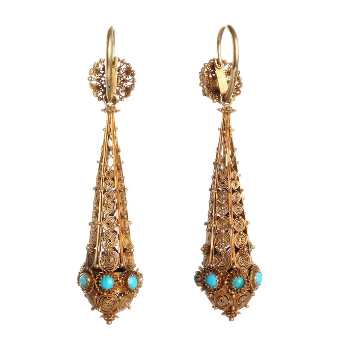 Bell Bird Antiques Georgian Cannetille Gold Turquoise Torpedo Earrings Earrings
