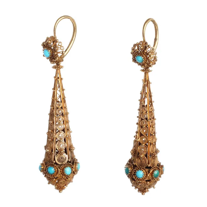 Bell Bird Antiques Georgian Cannetille Gold Turquoise Torpedo Earrings Earrings