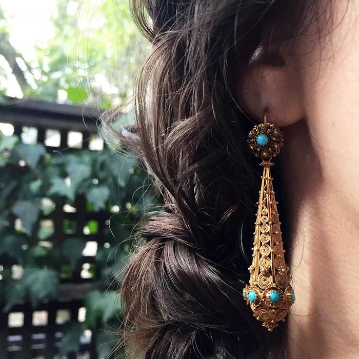 Bell Bird Antiques Georgian Cannetille Gold Turquoise Torpedo Earrings Earrings