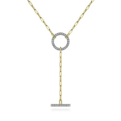GABRIEL CO Necklaces 14K Yellow Gold Diamond Circle and Bar YKnot Necklace with Hollow Paperclip Chain GABRIEL CO Necklaces 14K Yellow Gold Diamond Circle and Bar YKnot Necklace with Hollow Paperclip Chain