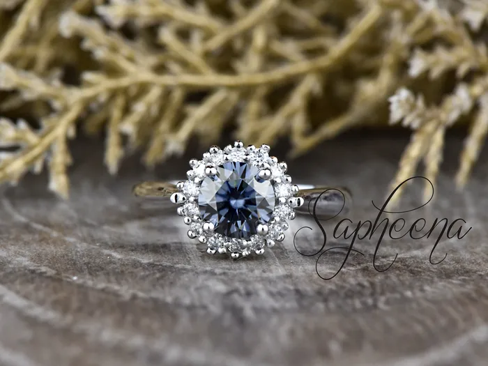 Sapheena Jewelry Maia 100 Ct Round Cut Halo Grey Moissanite Engagement Ring Rings