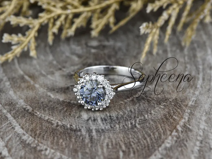 Sapheena Jewelry Maia 100 Ct Round Cut Halo Grey Moissanite Engagement Ring Rings