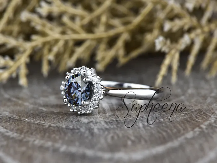 Sapheena Jewelry Maia 100 Ct Round Cut Halo Grey Moissanite Engagement Ring Rings