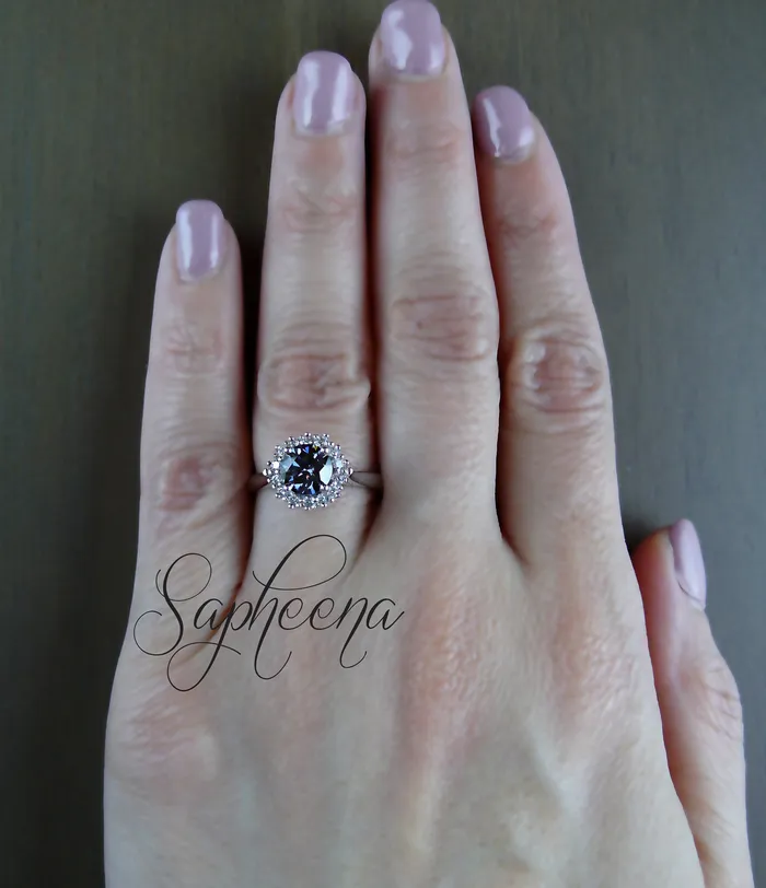 Sapheena Jewelry Maia 100 Ct Round Cut Halo Grey Moissanite Engagement Ring Rings