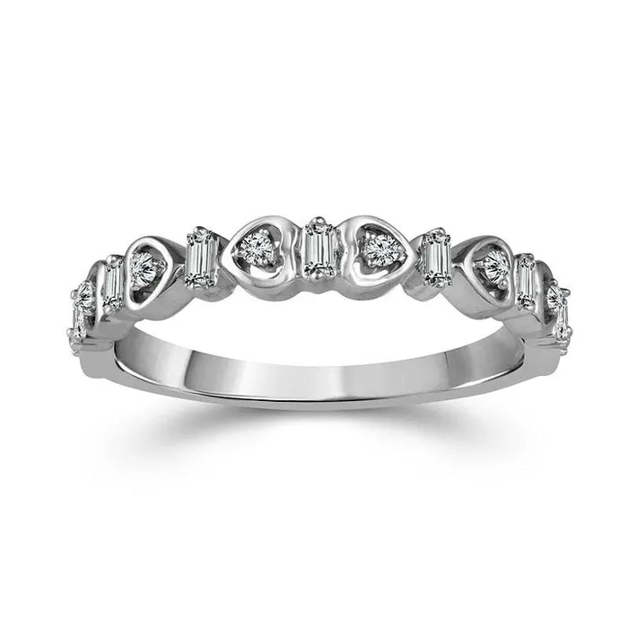 017 CT TW Baguette and Round Natural Diamond Alternating Heart Stackable Band in Solid 10K White Gold Goldia Rings