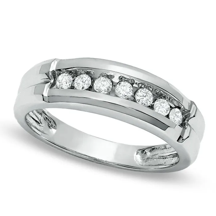 020 CT TW Natural Diamond SevenStone Band in Solid 14K White Gold Goldia Rings
