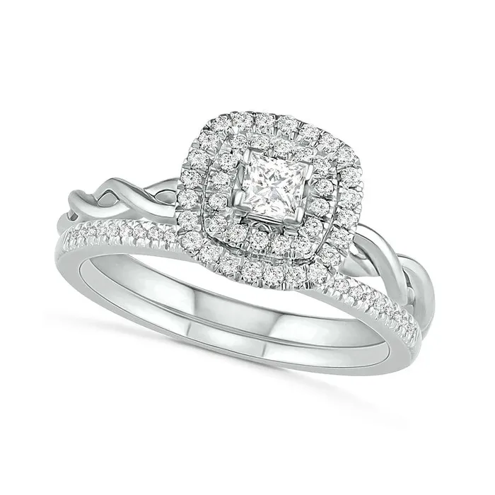 038 CT TW PrincessCut Natural Diamond Double Frame Twist Shank Bridal Engagement Ring Set in Solid 10K White Gold Goldia Rings