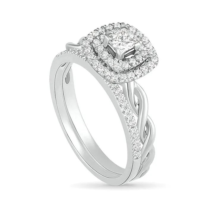 038 CT TW PrincessCut Natural Diamond Double Frame Twist Shank Bridal Engagement Ring Set in Solid 10K White Gold Goldia Rings 038 CT TW PrincessCut Natural Diamond Double Frame Twist Shank Bridal Engagement Ring Set in Solid 10K White Gold Goldia Rings