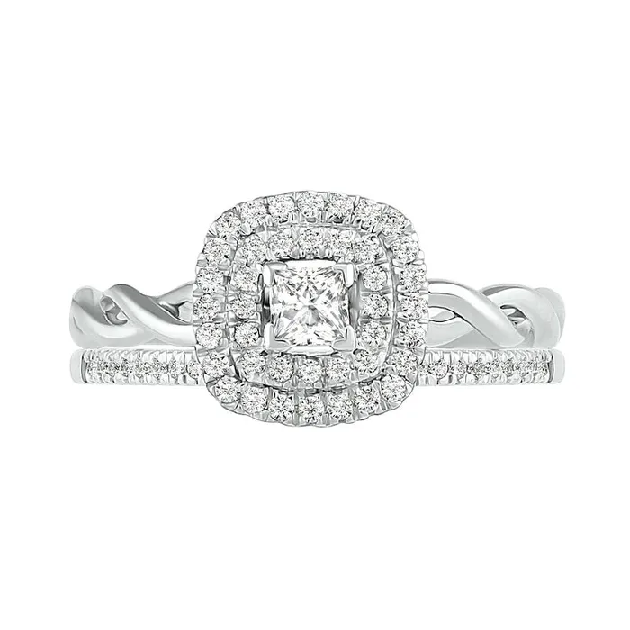 038 CT TW PrincessCut Natural Diamond Double Frame Twist Shank Bridal Engagement Ring Set in Solid 10K White Gold Goldia Rings 038 CT TW PrincessCut Natural Diamond Double Frame Twist Shank Bridal Engagement Ring Set in Solid 10K White Gold Goldia Rings