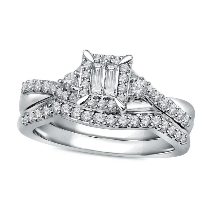 050 CT TW Baguette Natural Diamond Rectangle Frame Bridal Engagement Ring Set in Solid 10K White Gold Goldia Rings