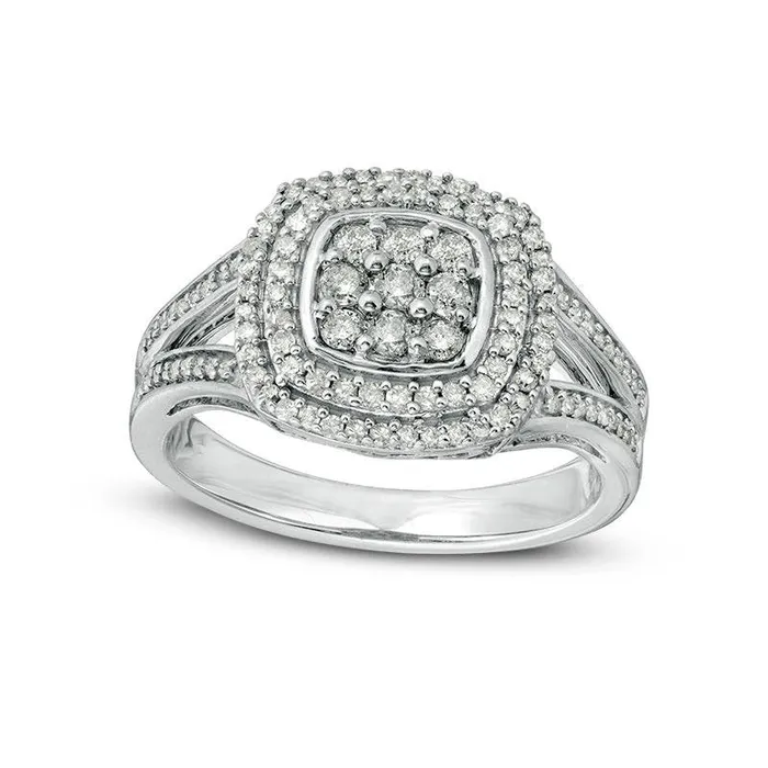 050 CT TW Composite Natural Diamond Double Cushion Frame Split Shank Engagement Ring in Sterling Silver Goldia Rings
