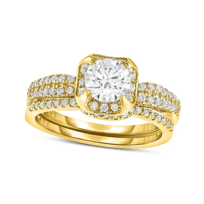 075 CT TW Natural Diamond Cushion Frame Double Row Bridal Engagement Ring Set in Solid 14K Gold Goldia Rings