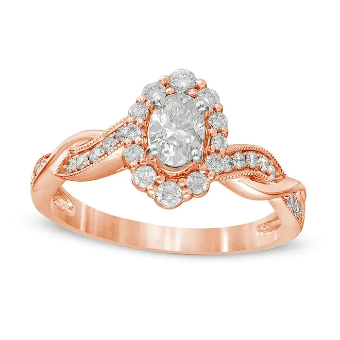 075 CT TW Oval Natural Diamond Frame Twist Shank Antique VintageStyle Engagement Ring in Solid 10K Rose Gold Goldia Rings
