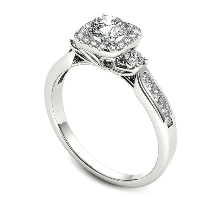 088 CT TW Natural Diamond Cushion Frame Engagement Ring in Solid 14K White Gold Goldia Rings
