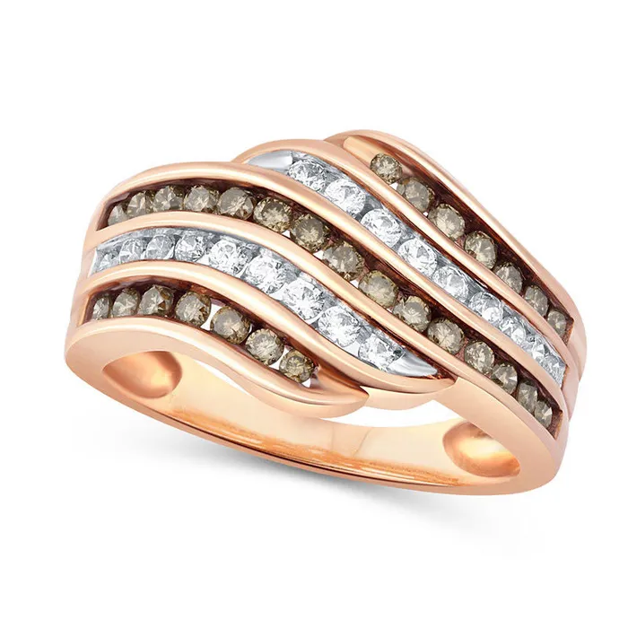 10 CT TW Champagne and White Natural Diamond Five Row Wave Ring in Solid 10K Rose Gold Goldia Rings