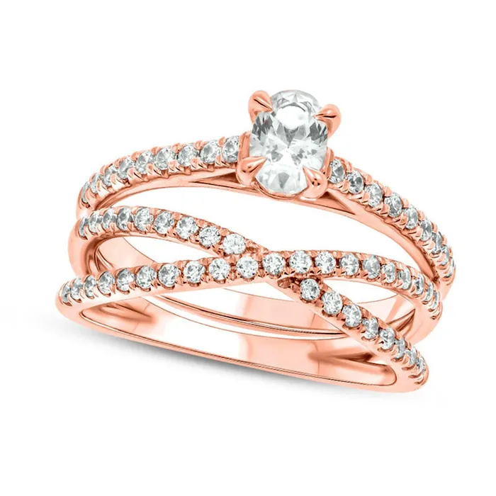 10 CT TW Oval Natural Diamond Crossover Bridal Engagement Ring Set in Solid 10K Rose Gold Goldia Rings