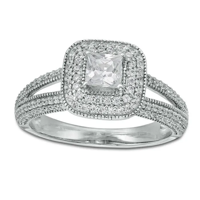 10 CT TW PrincessCut Natural Diamond Double Cushion Frame Antique VintageStyle Engagement Ring in Solid 14K White Gold Goldia Rings