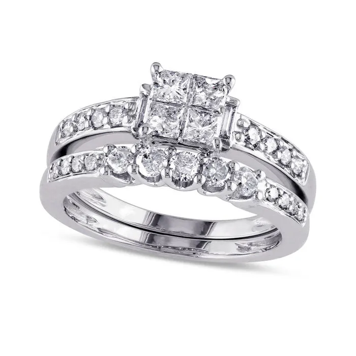 10 CT TW Quad PrincessCut Natural Diamond Bridal Engagement Ring Set in Solid 14K White Gold Goldia Rings