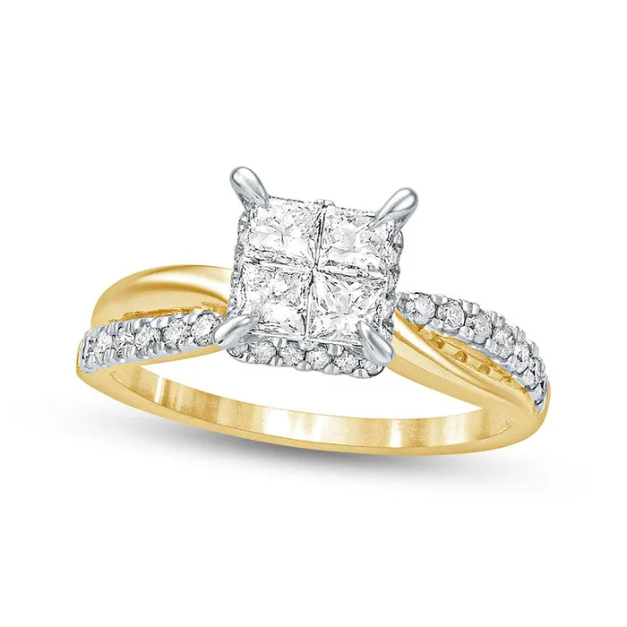 10 CT TW Quad PrincessCut Natural Diamond Hidden Halo Twist Shank Engagement Ring in Solid 10K Yellow Gold II2 Goldia Rings
