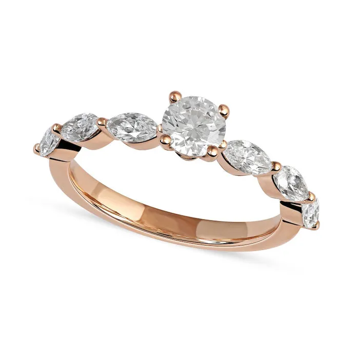 10 CT TW Round and Marquise Natural Diamond Scallop Shank Engagement Ring in Solid 14K Rose Gold Goldia Rings