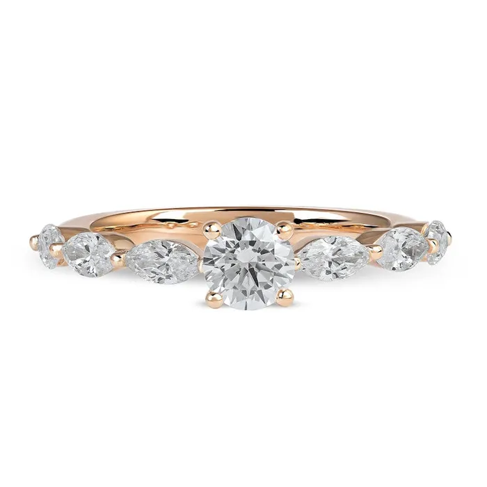 10 CT TW Round and Marquise Natural Diamond Scallop Shank Engagement Ring in Solid 14K Rose Gold Goldia Rings 10 CT TW Round and Marquise Natural Diamond Scallop Shank Engagement Ring in Solid 14K Rose Gold Goldia Rings