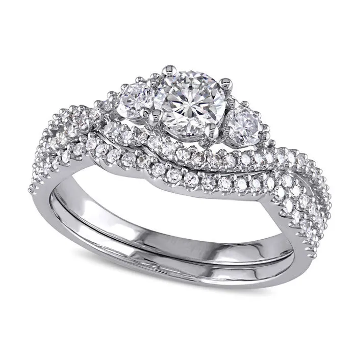 113 CT TW Natural Diamond Three Stone Twist Bypass Bridal Engagement Ring Set in Solid 14K White Gold Goldia Rings
