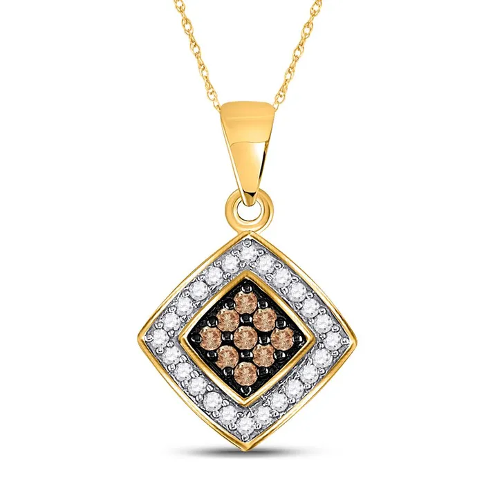 10k Yellow Gold Round Brown Diamond Square Pendant 14 Cttw gndatlanta Necklaces