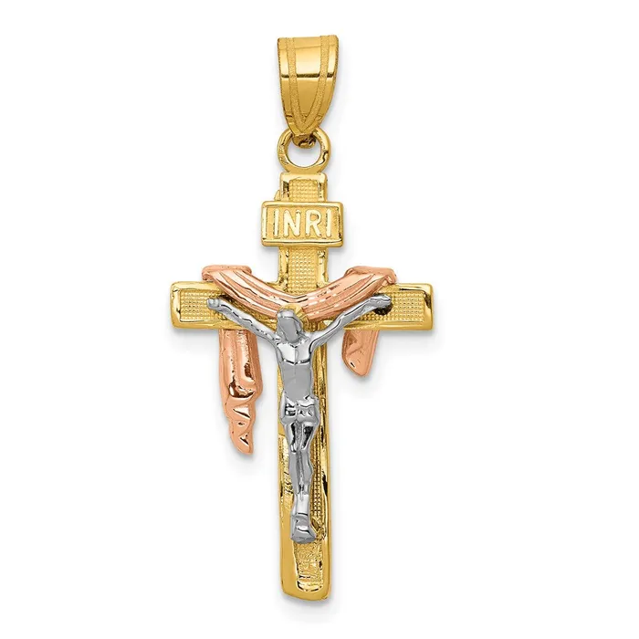 14k TriColor Gold Diamondcut Small Draped INRI Crucifix Pendant Goldia Necklaces