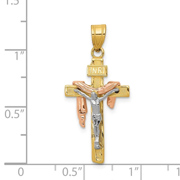 14k TriColor Gold Diamondcut Small Draped INRI Crucifix Pendant Goldia Necklaces
