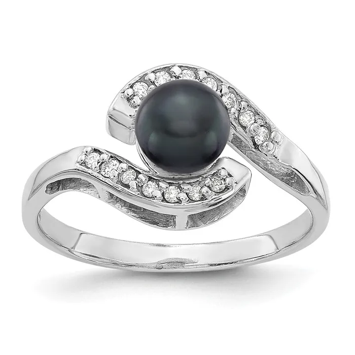 14k White Gold 55mm Black FW Cultured Pearl A Diamond ring Goldia Rings