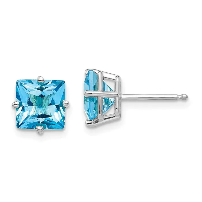 14k White Gold 7mm Princess Cut Blue Topaz Earrings Goldia Earrings