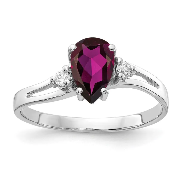 14k White Gold 7x5mm Pear Rhodolite Garnet AAA Diamond ring Goldia Rings