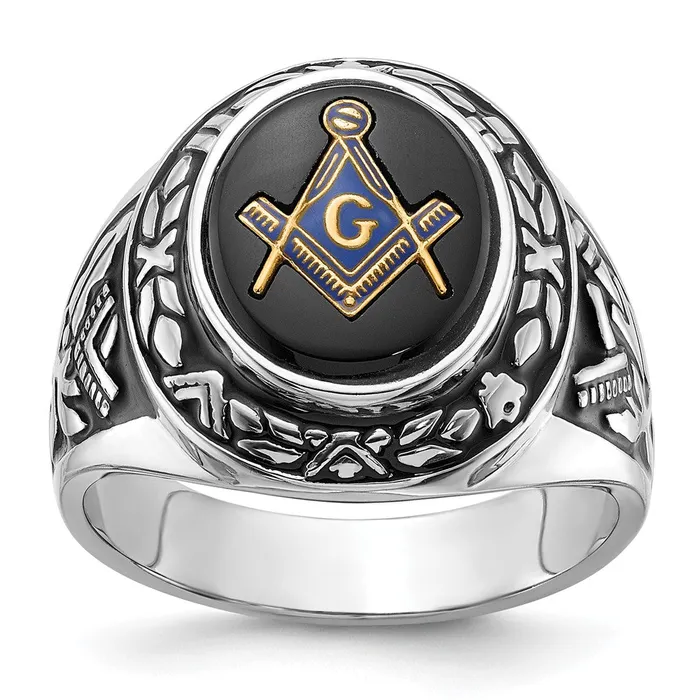 14k White Gold Mens Polished Antiqued and Textured with Oval Onyx Masonic Ring Goldia Rings