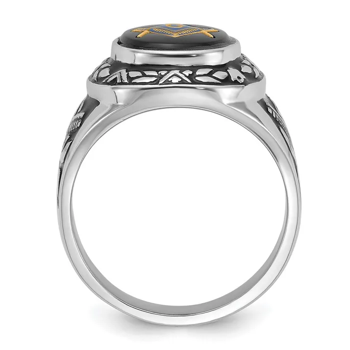 14k White Gold Mens Polished Antiqued and Textured with Oval Onyx Masonic Ring Goldia Rings