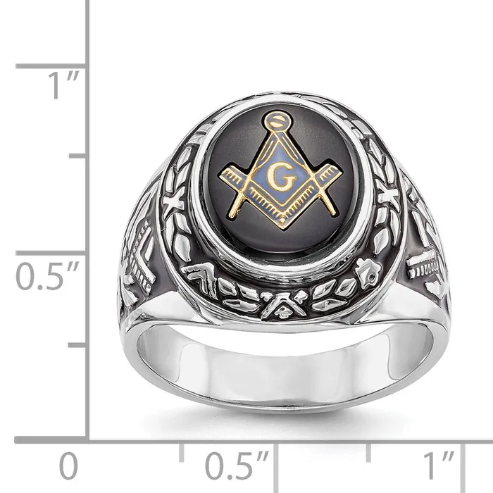 14k White Gold Mens Polished Antiqued and Textured with Oval Onyx Masonic Ring Goldia Rings