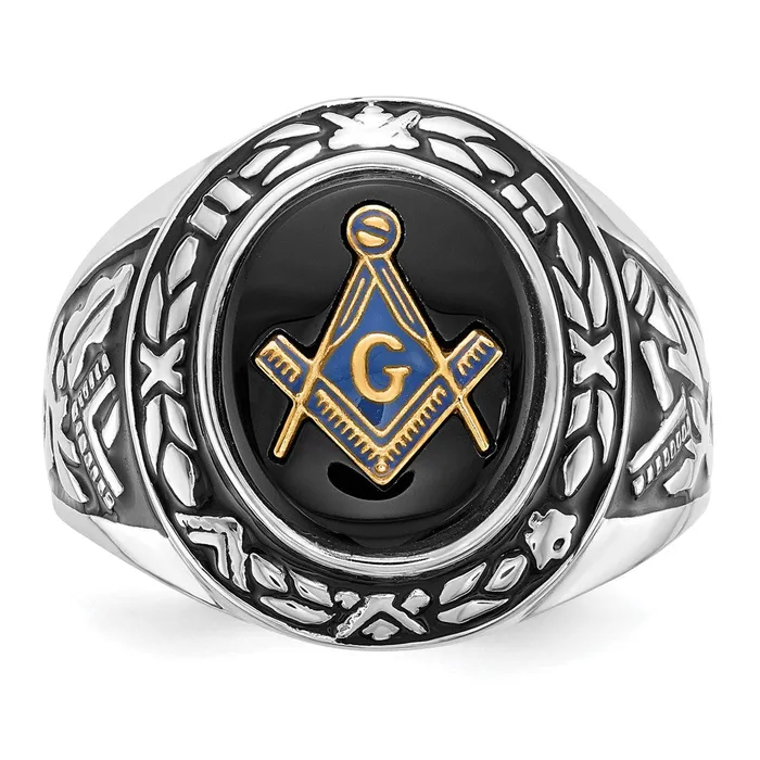 14k White Gold Mens Polished Antiqued and Textured with Oval Onyx Masonic Ring Goldia Rings