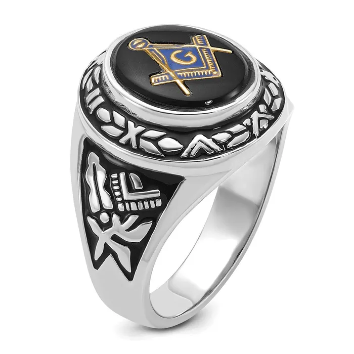 14k White Gold Mens Polished Antiqued and Textured with Oval Onyx Masonic Ring Goldia Rings