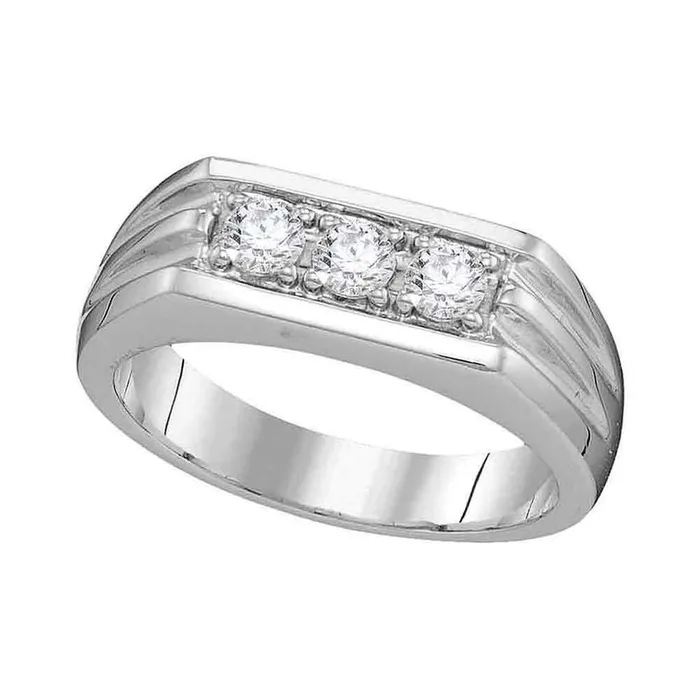 14k White Gold Round Diamond 3Stone Ribbed Band Ring 12 Cttw gndatlanta Rings
