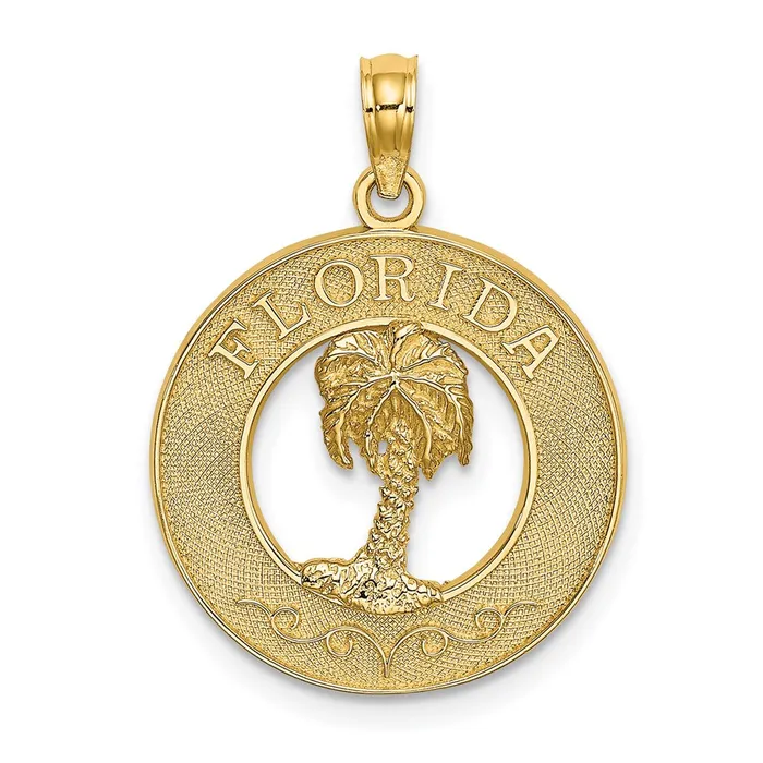 14k Yellow Gold FLORIDA wPalm Tree Circle Charm Goldia Charm Necklaces