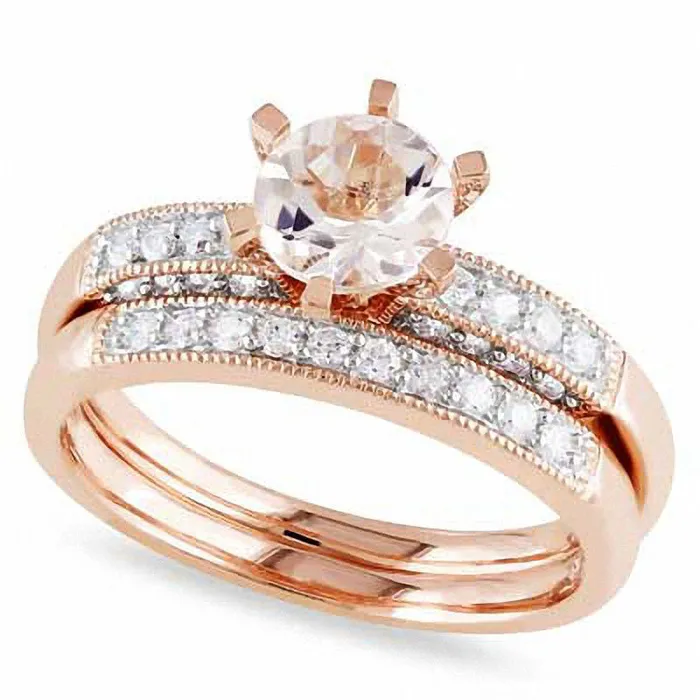 60mm Morganite and 033 CT TW Natural Diamond Bridal Engagement Ring Set in Solid 10K Rose Gold Goldia Rings