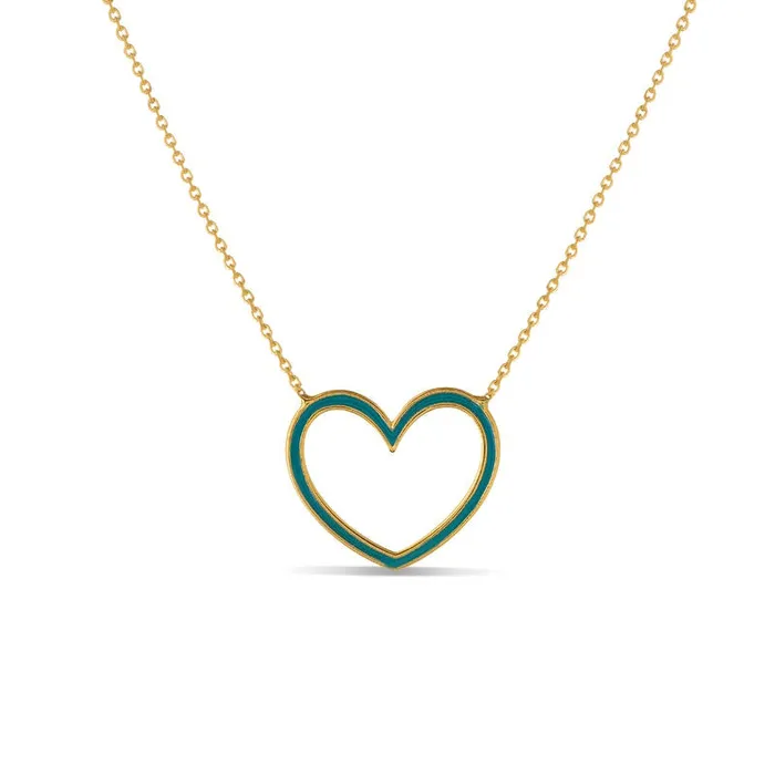 Blue Enamel Heart Outline Necklace in 14K Gold Goldia Necklaces