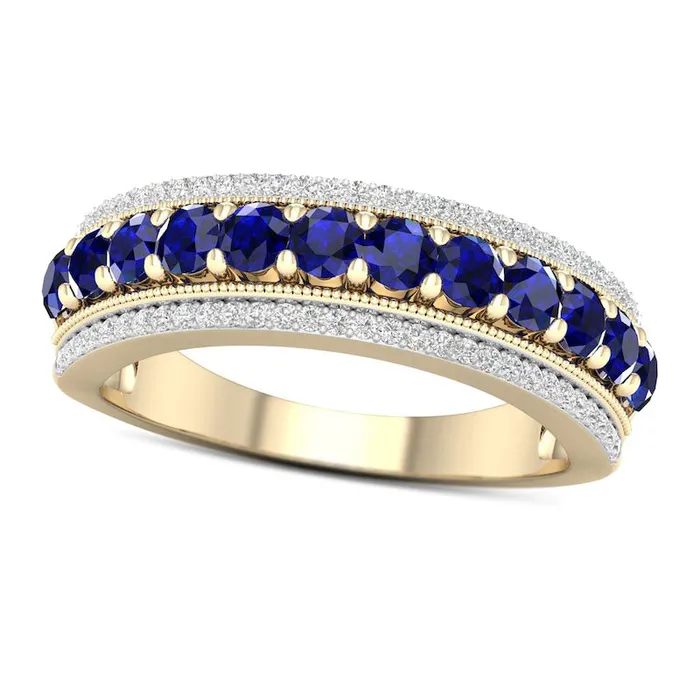 Blue Sapphire and 017 CT TW Natural Diamond Border Triple Row Antique VintageStyle Ring in Solid 10K Yellow Gold Goldia Rings